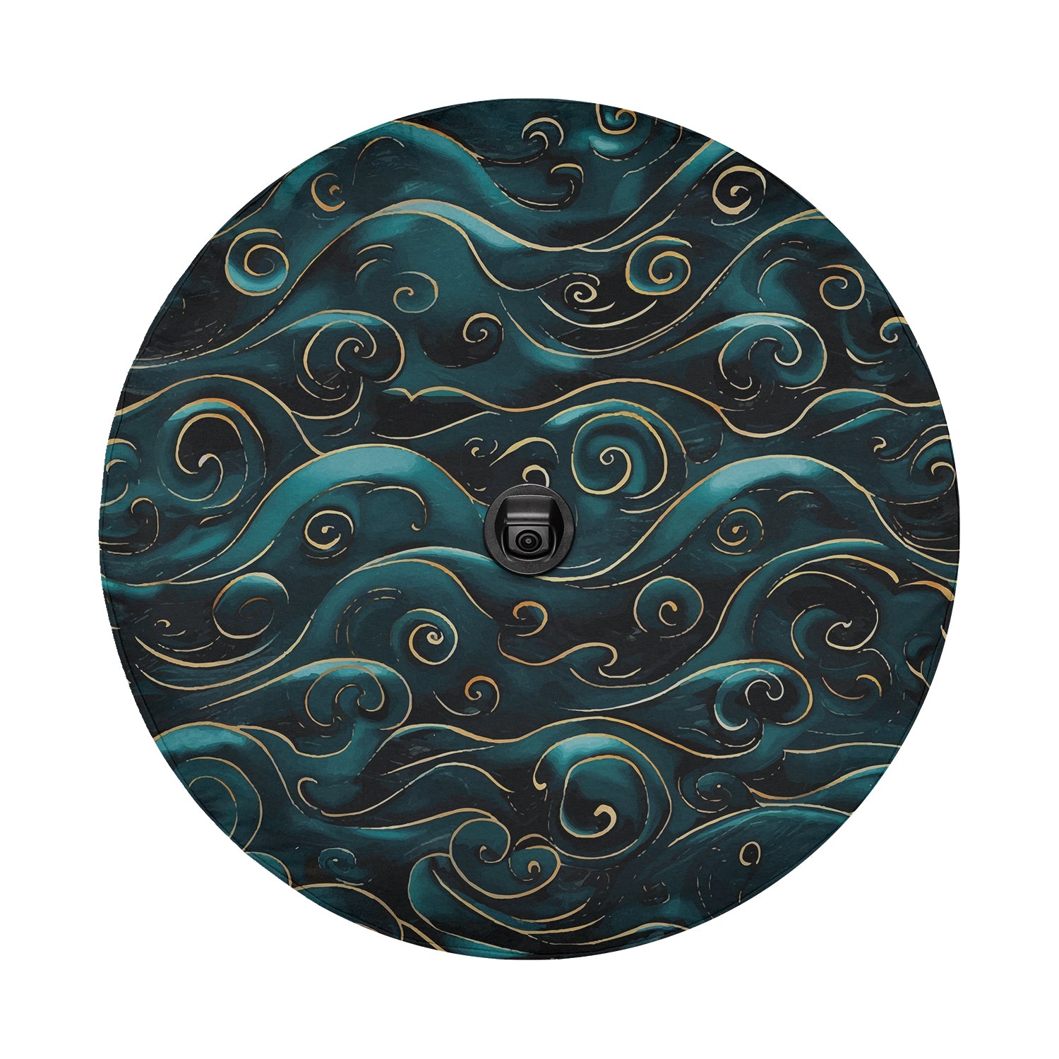 a black and gold swirl design on a dark blue background