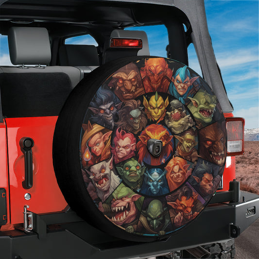 a jeep with a wheel cover decorated with cartoon characters