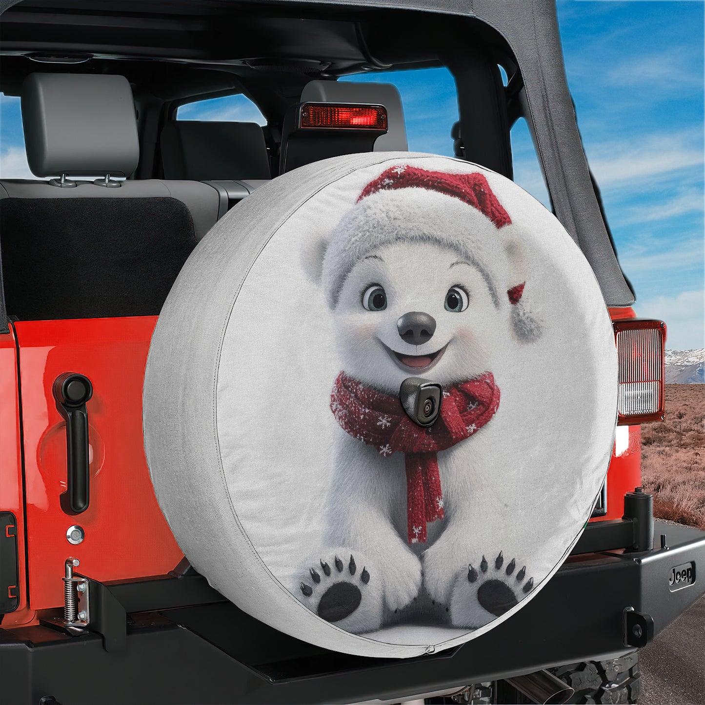 a tire cover with a picture of a polar bear on it