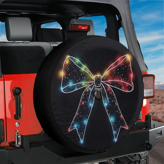 a tire cover with a colorful bow on it