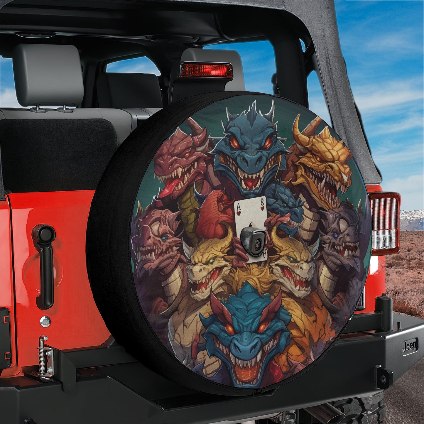 a tire cover with a picture of a group of monsters on it