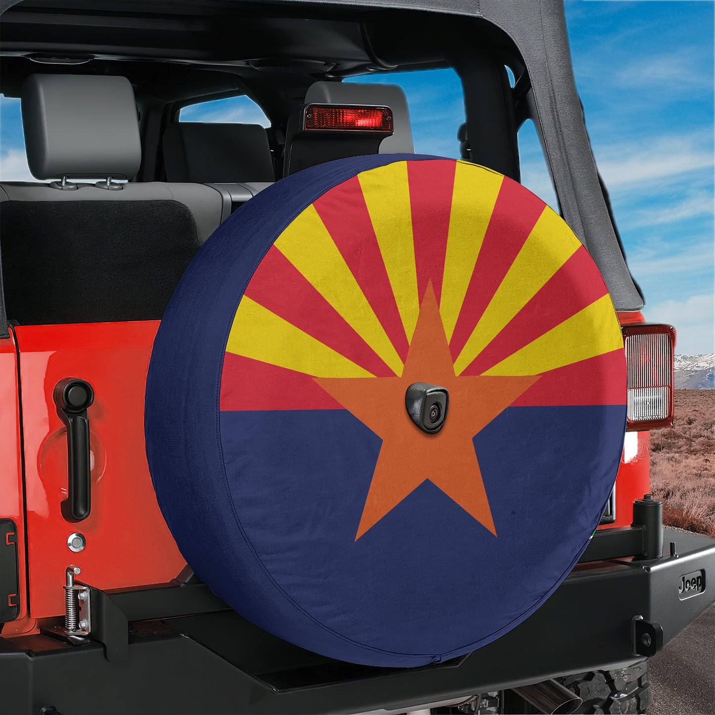 a tire cover with a flag of the state of arizona