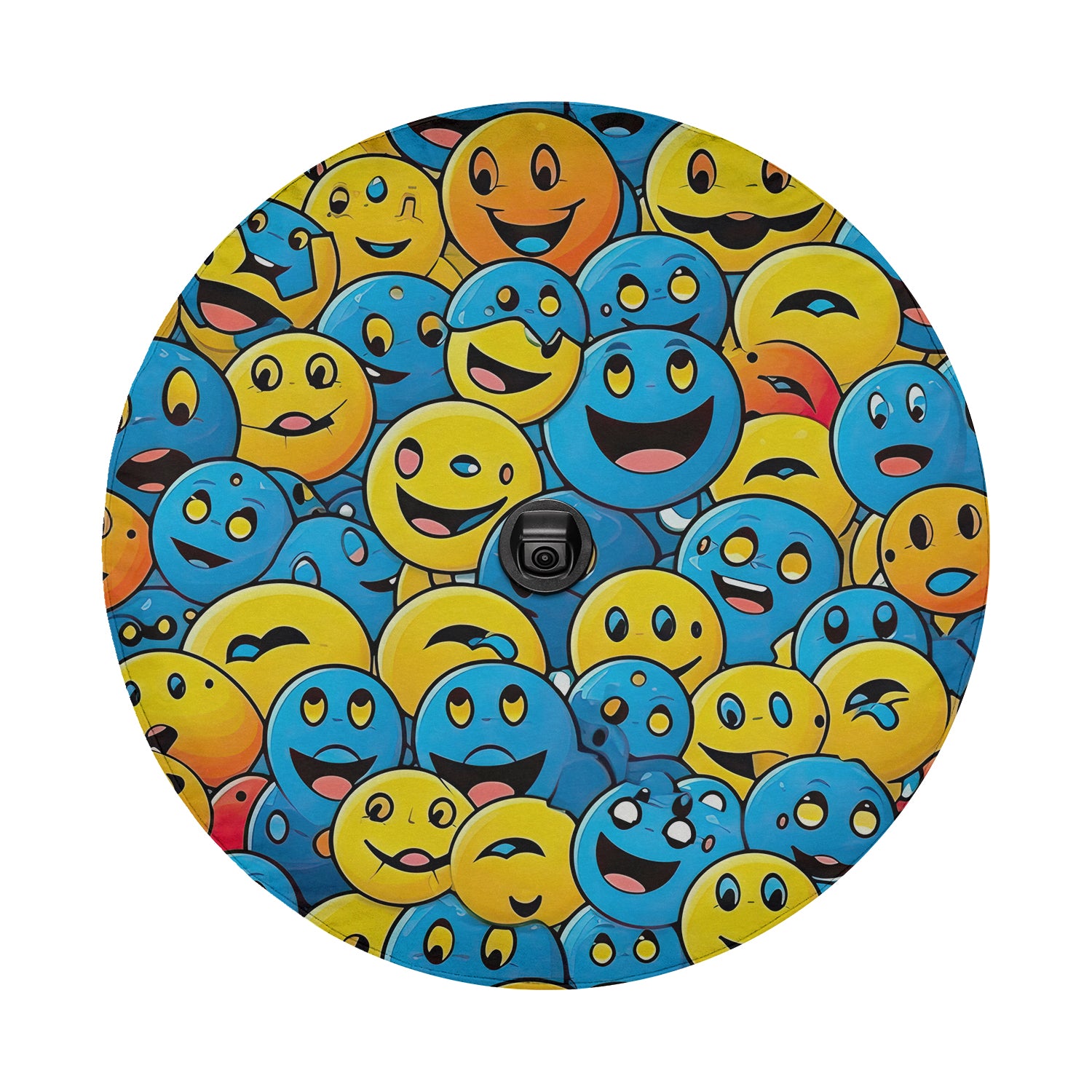 a group of smiley faces on a blue and yellow background