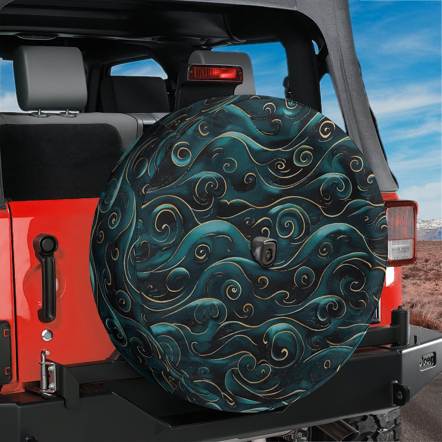 a tire cover that is on the back of a jeep