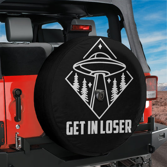 a jeep with a tire cover that says get in closer