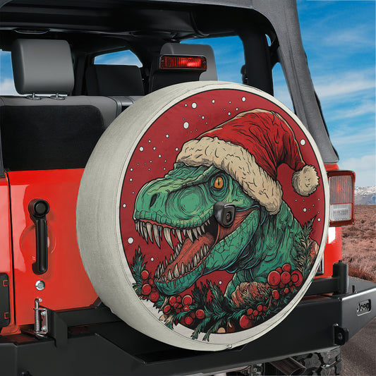 a tire cover with a dinosaur wearing a santa hat