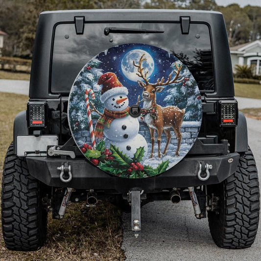 Jolly Snowman & Reindeer Night Spare Tire Cover With Backup Camera Hole