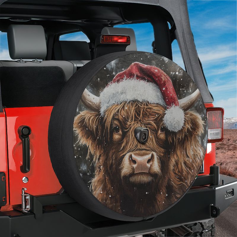 Highland Christmas Cow Spare Tire Cover With Backup Camera Hole