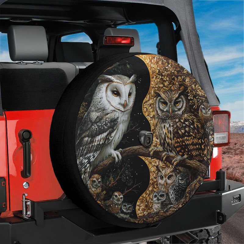 Yin-Yang Owls Spare Tire Cover With Backup Camera Hole