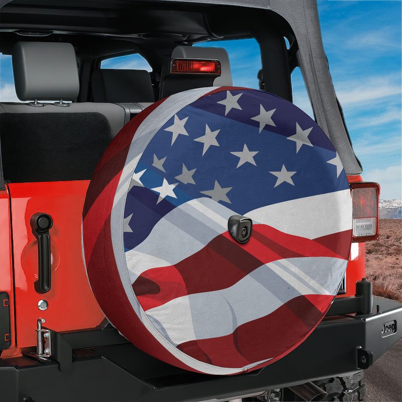 Wavey American Flag Spare Tire Cover With Backup Camera Hole