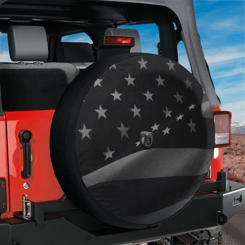 Wavey No Quarter American Flag Spare Tire Cover With Backup Camera Hole