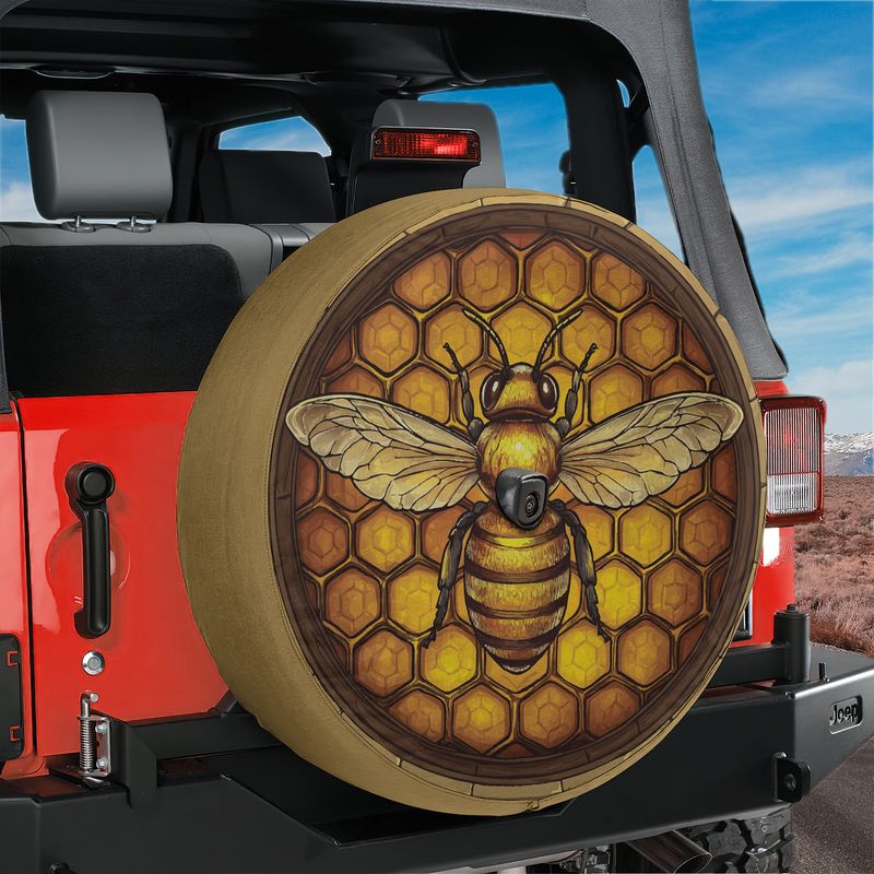 Honeycomb Bee Spare Tire Cover With Backup Camera Hole