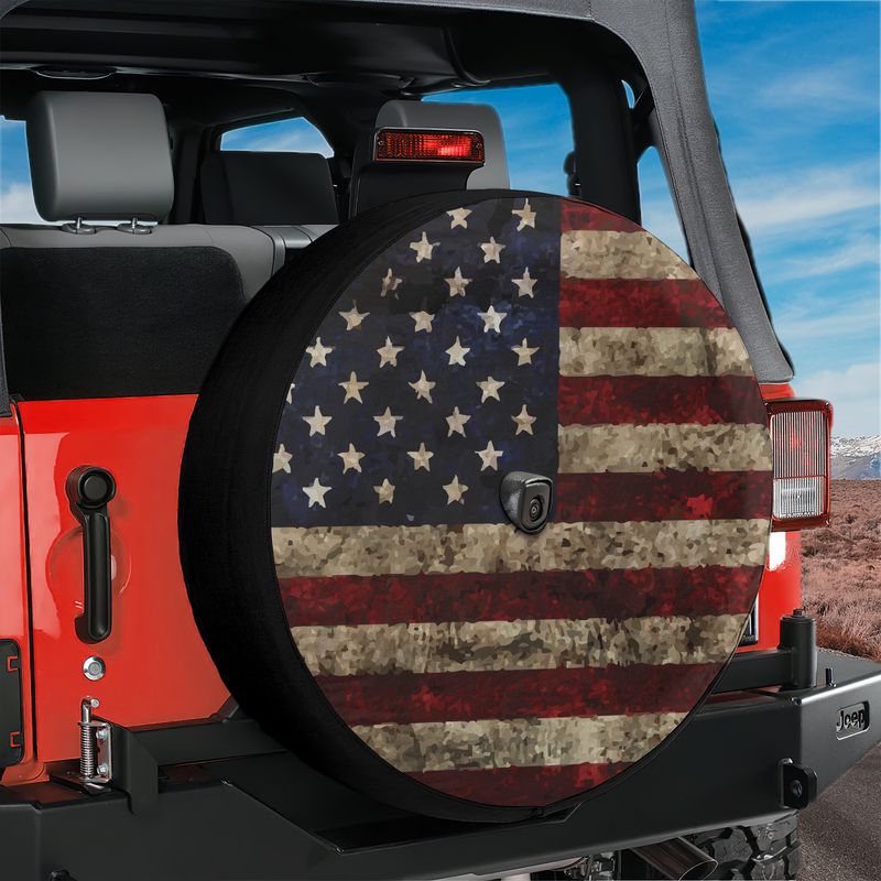 Black Bordered Rustic American Flag Spare Tire Cover With Backup Camera Hole