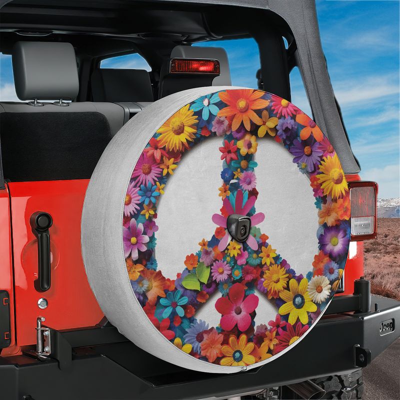 Daisy Peace Symbol Spare Tire Cover With Backup Camera Hole