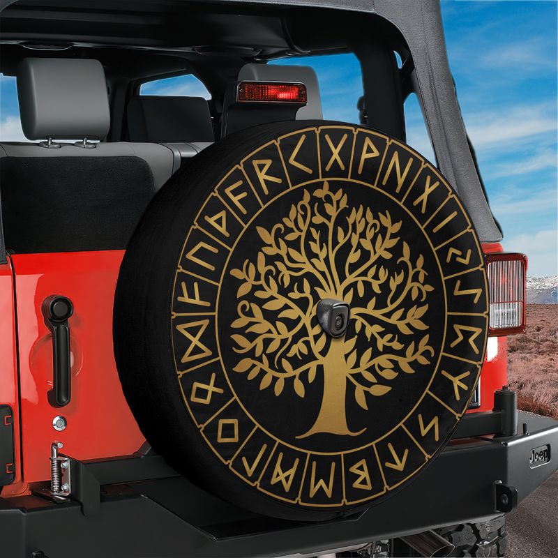 Golden Runes of Yggdrasil Spare Tire Cover With Backup Camera Hole