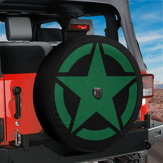 Green Military Star Spare Tire Cover With Backup Camera Hole