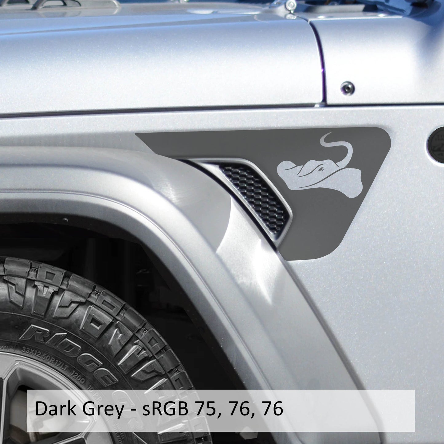 Sting-Gray Manta Ray 2pc Fender Vent Vinyl Transfer Decals for 18+ Wrangler JL JLU Gladiator JT