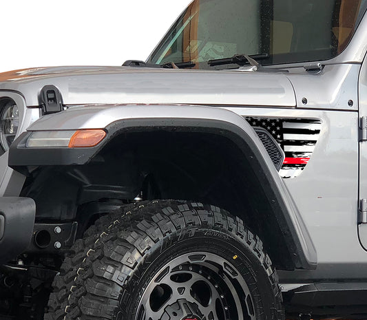 Thin Red Line Distressed American Flag 2pc Fender Vent Vinyl Transfer Decals for Jeep Wrangler JL/Jeep Gladiator JT 2018+